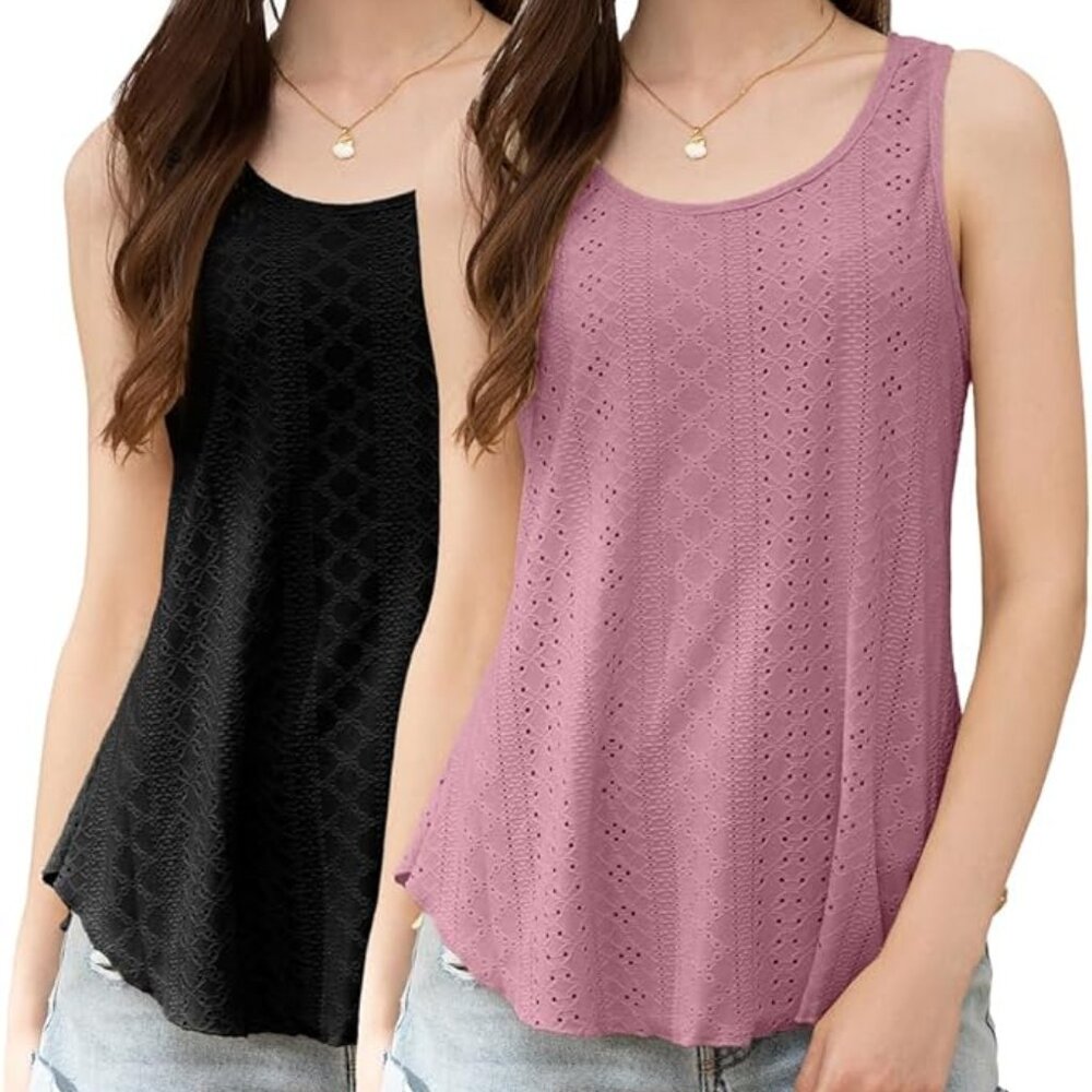 NWT! Two-Pack of Lacy Sleeveless Pullover Tops with Flowy Design & Rounded Hem